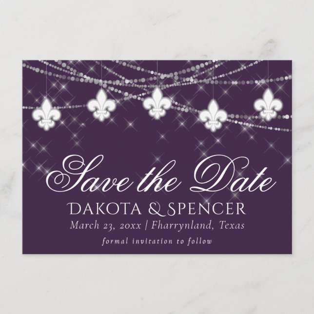 Fleur de Lis Eggplant Purple Lights | Moody Plum Save The Date (Front)