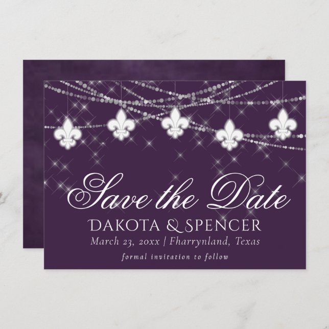 Fleur de Lis Eggplant Purple Lights | Moody Plum Save The Date (Front/Back)