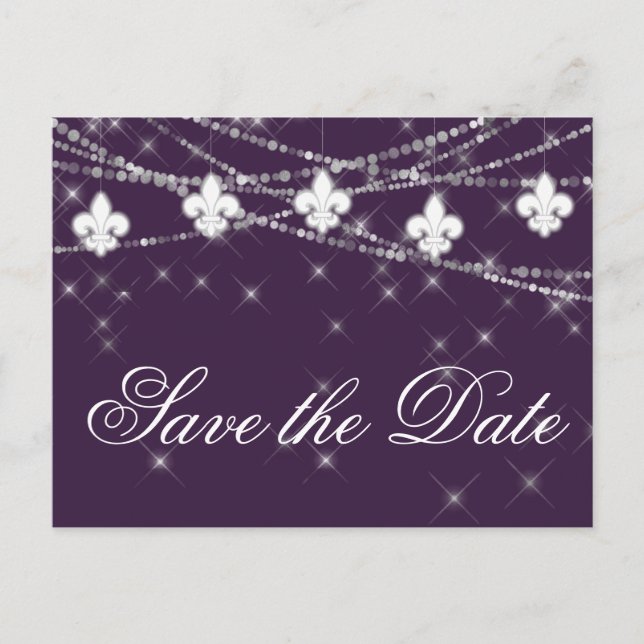 Fleur de Lis Eggplant Purple Lights | Plum Wedding Announcement Postcard (Front)