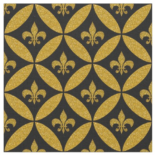 Fleur de Lis Eternity Pattern Faux Gold  Black Fabric