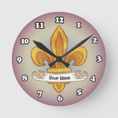 Fleur De Lis Family Crest Surname Round Clock