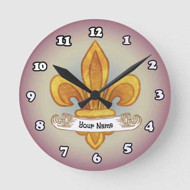 Fleur De Lis Family Crest Surname Round Clock (Front)