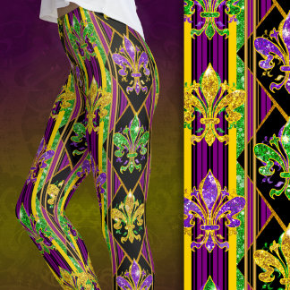 Fleur-de-lis faux glitter mardi gras colors stripe leggings