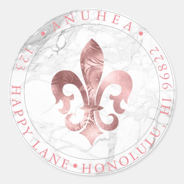 FLEUR DE LIS | FAUX ROSE GOLD DAMASK CLASSIC ROUND STICKER (Front)