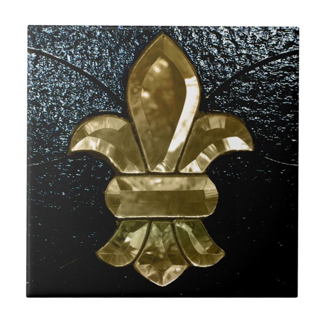 Fleur De Lis Flor  New Orleans Gold Black Ceramic Tile (Front)