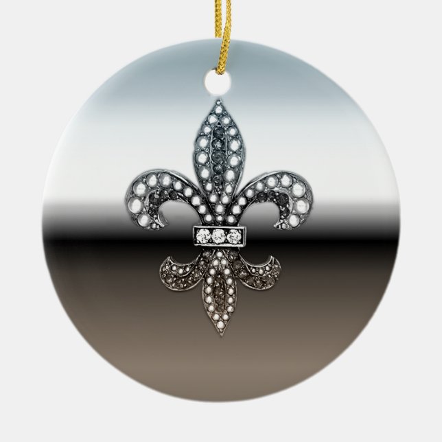 Fleur De Lis Flor  New Orleans Silver Black Ceramic Ornament (Front)