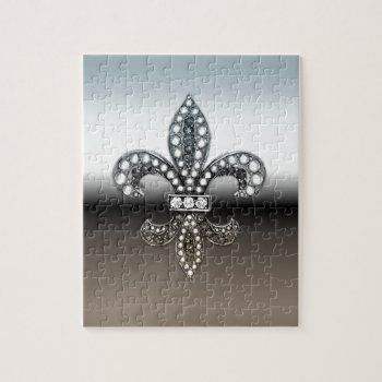 Fleur De Lis Flor  New Orleans Silver Black Jigsaw Puzzle by Lorriscustomart at Zazzle