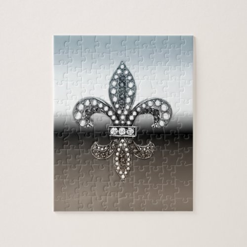 Fleur De Lis Flor  New Orleans Silver Black Jigsaw Puzzle