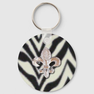 Fleur De Lis Flor Zebra Print Keychain