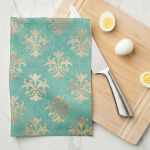 Fleur de lis gold and teal green vintage patina kitchen towel