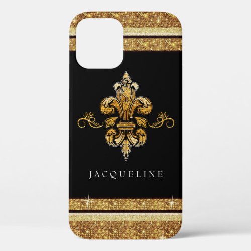 Fleur de Lis Gold Glitter Black Elegant French  iPhone 12 Pro Case