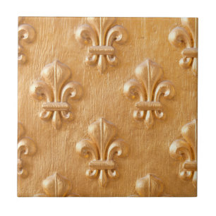 fleur de lis, gold painted wood wall, vintage wood ceramic tile