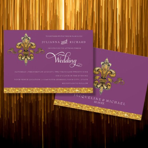 Fleur de Lis Gold Purple Elegant Formal Wedding Invitation