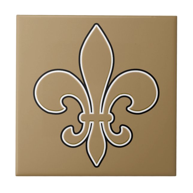 Fleur de Lis Gold with White and Black Outline Ceramic Tile (Front)