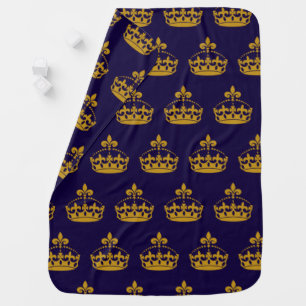 Fleur De Lis Golden Crown Royalty Lily Flower Navy Baby Blanket