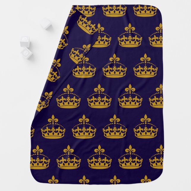 Fleur De Lis Golden Crown Royalty Lily Flower Navy Baby Blanket (In Situ)