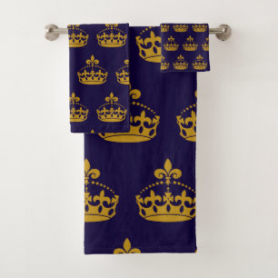 Fleur De Lis Golden Crown Royalty Lily Flower Navy Bath Towel Set