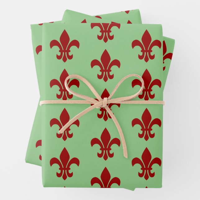 Fleur De Lis Green and Red Wrapping Paper Sheets (In situ)