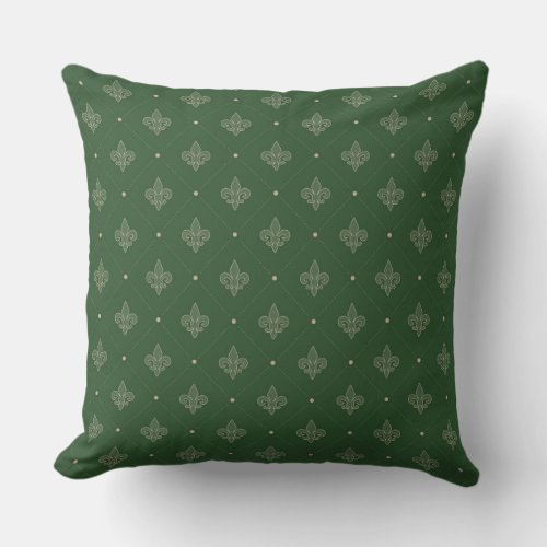 Fleur De Lis Green French Damask Pattern Throw Pillow