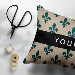 Fleur de Lis, Green on Beige, Royal, Your Name Accent Pillow