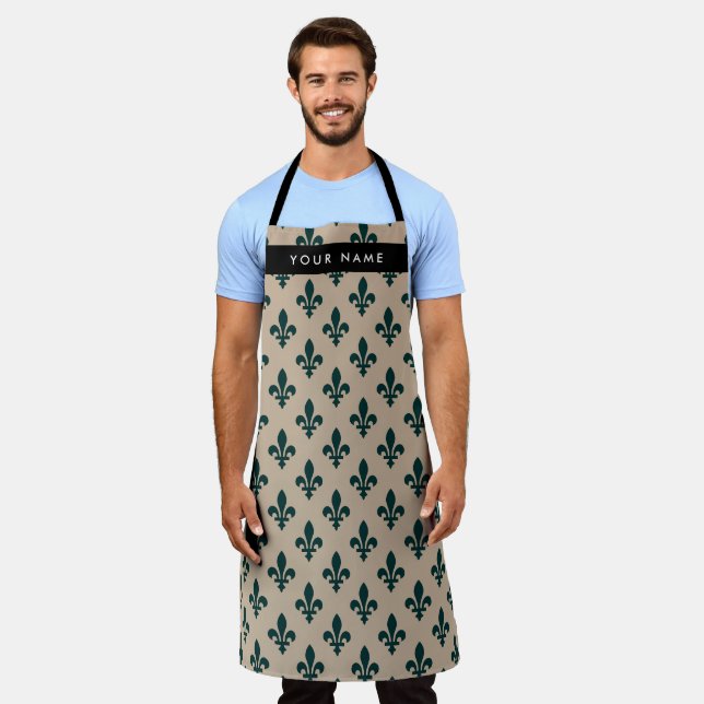 Fleur de Lis, Green on Beige, Royal, Your Name Apron (Worn)