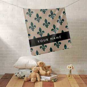 Fleur de Lis, Green on Beige, Royal, Your Name Baby Blanket