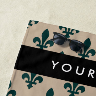 Fleur de Lis, Green on Beige, Royal, Your Name Beach Towel