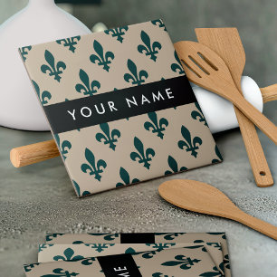 Fleur de Lis, Green on Beige, Royal, Your Name Ceramic Tile