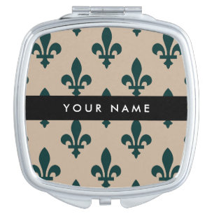 Fleur de Lis, Green on Beige, Royal, Your Name Compact Mirror