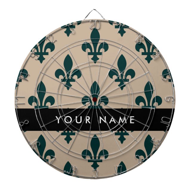 Fleur de Lis, Green on Beige, Royal, Your Name Dart Board (Front)