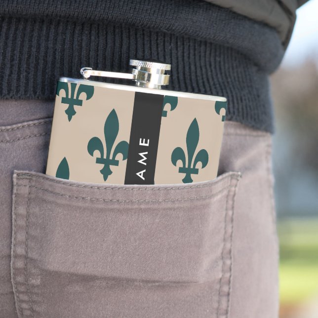 Fleur de Lis, Green on Beige, Royal, Your Name Flask (In Situ)