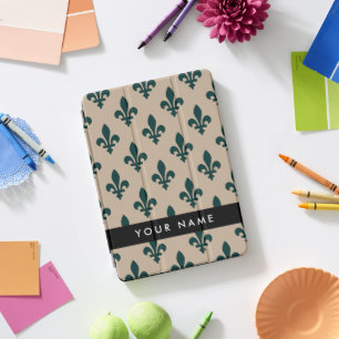Fleur de Lis, Green on Beige, Royal, Your Name iPad Pro Cover
