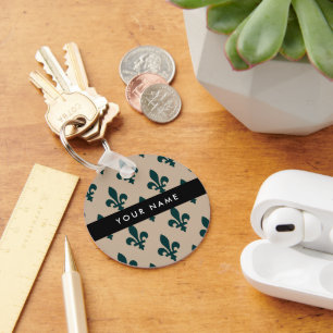 Fleur de Lis, Green on Beige, Royal, Your Name Keychain
