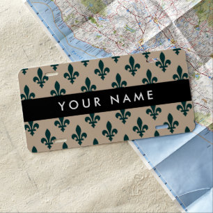 Fleur de Lis, Green on Beige, Royal, Your Name License Plate