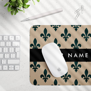 Fleur de Lis, Green on Beige, Royal, Your Name Mouse Pad