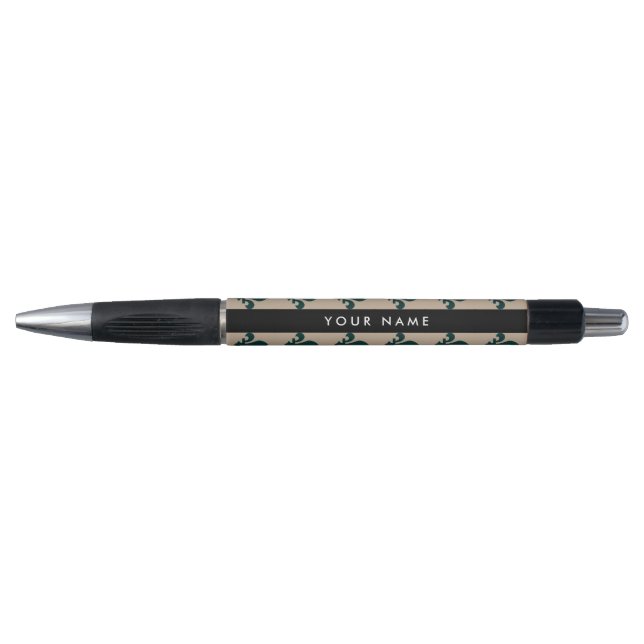 Fleur de Lis, Green on Beige, Royal, Your Name Pen (Front)