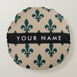Fleur de Lis, Green on Beige, Royal, Your Name Round Pillow