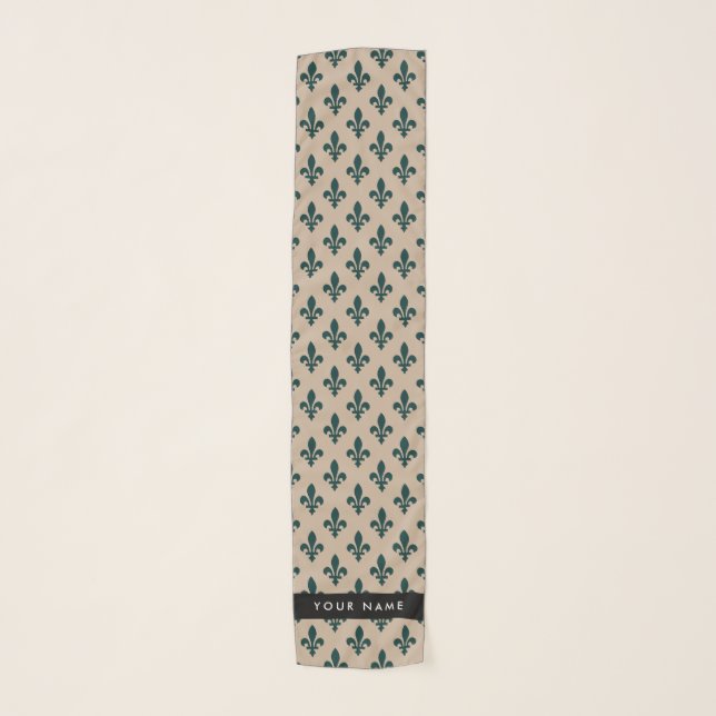Fleur de Lis, Green on Beige, Royal, Your Name Scarf (Front)