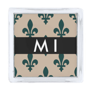 Fleur de Lis, Green on Beige, Royal, Your Name Silver Finish Lapel Pin