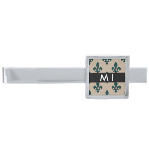 Fleur de Lis, Green on Beige, Royal, Your Name Silver Finish Tie Bar