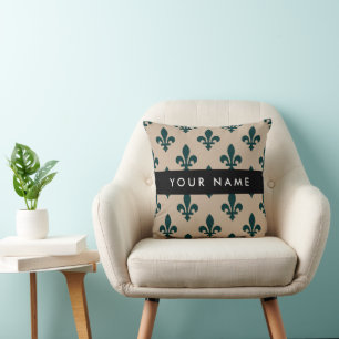 Fleur de Lis, Green on Beige, Royal, Your Name Throw Pillow