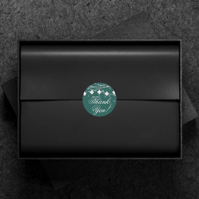 Fleur de Lis Green | Rustic Fairy Lights Thank You Classic Round Sticker (Creator Uploaded)