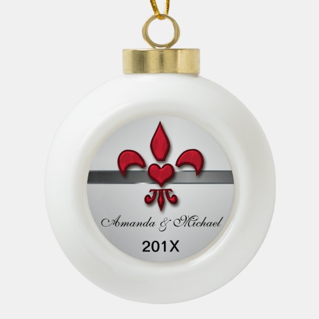 Fleur de Lis Heart Couple First Christmas Ceramic Ball Christmas Ornament (Front)