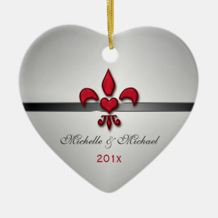 Fleur de Lis Heart Our First Christmas White Ceramic Ornament