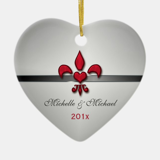 Fleur de Lis Heart Our First Christmas White Ceramic Ornament (Front)