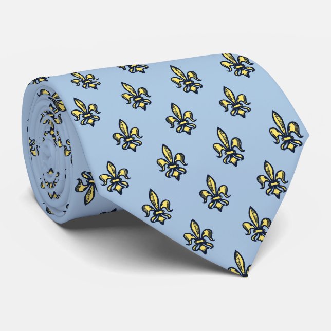 Fleur-de-lis Heraldic Sky Blue Two-sided Tie (Rolled)