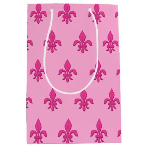 Fleur de Lis in Fuchsia Pink on Light Pink Medium Gift Bag