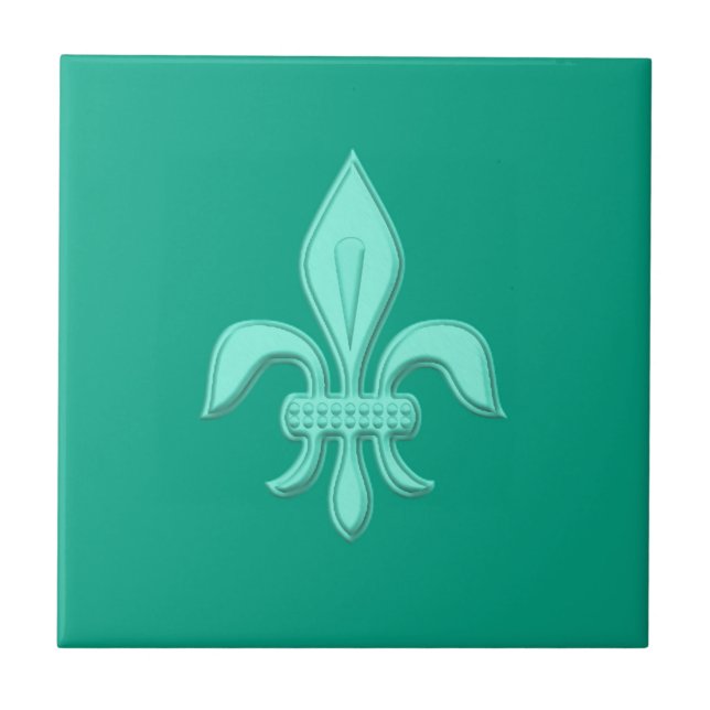 Fleur de Lis in Light Aqua on Turquoise Ceramic Tile (Front)