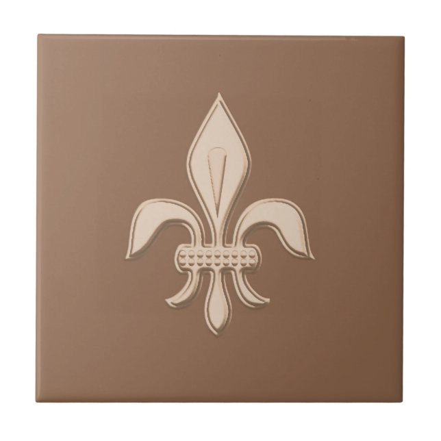 Fleur de Lis in Light Beige on Taupe Tan Ceramic Tile (Front)