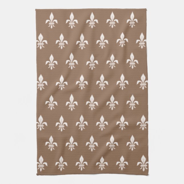 Fleur de Lis in Light Beige on Taupe Tan  Kitchen Towel (Vertical)